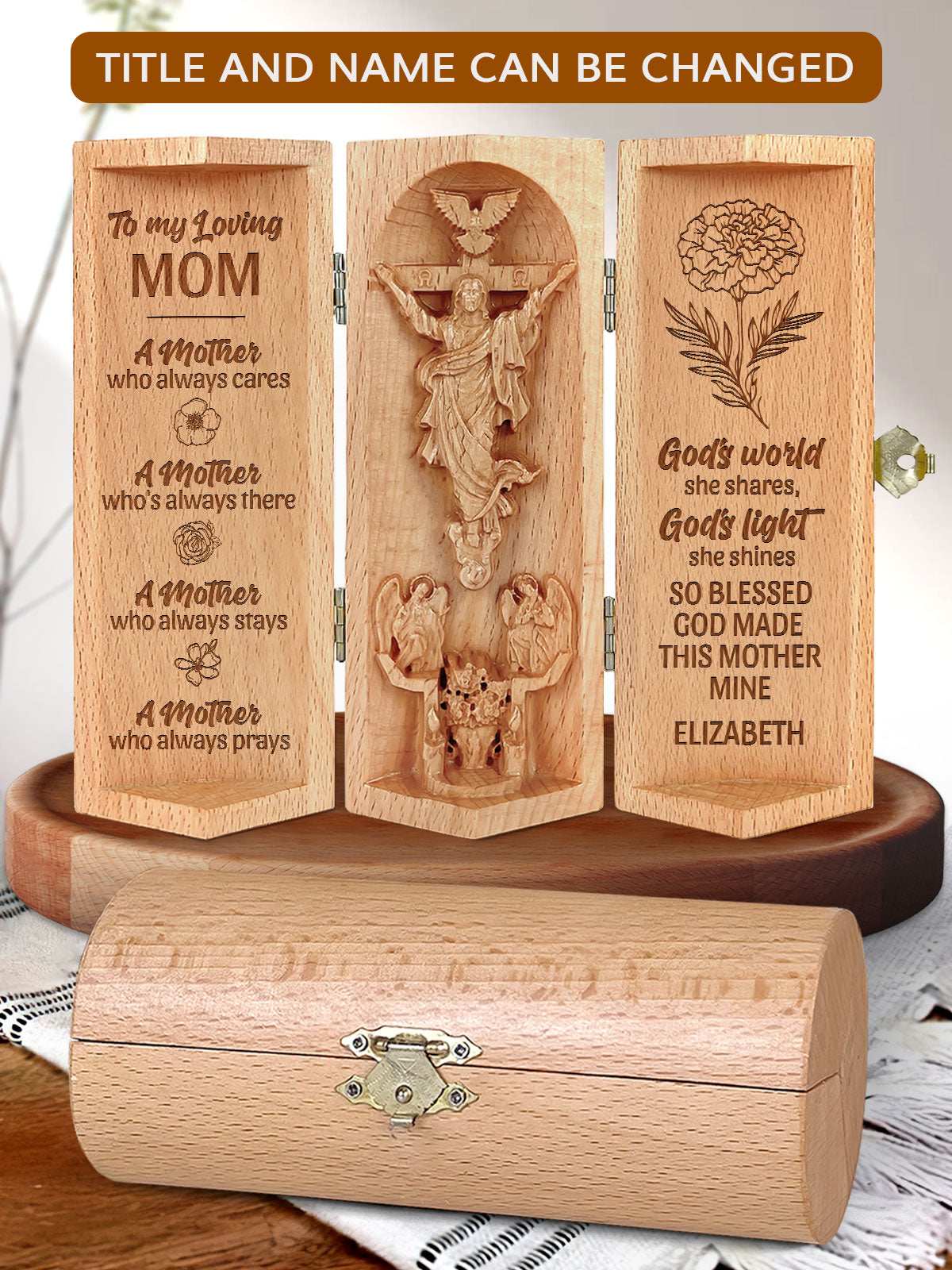 To My Loving Mom - Personalized Openable Wooden Cylinder Sculpture of Jesus Christ HN18