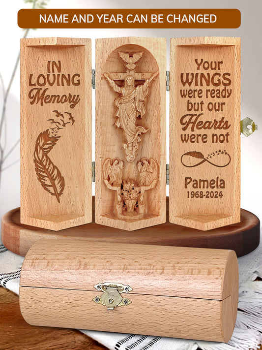 Your Wings Were Ready But Our Hearts Were Not - Memorial Wooden Cylinder Sculpture of Jesus Christ M21