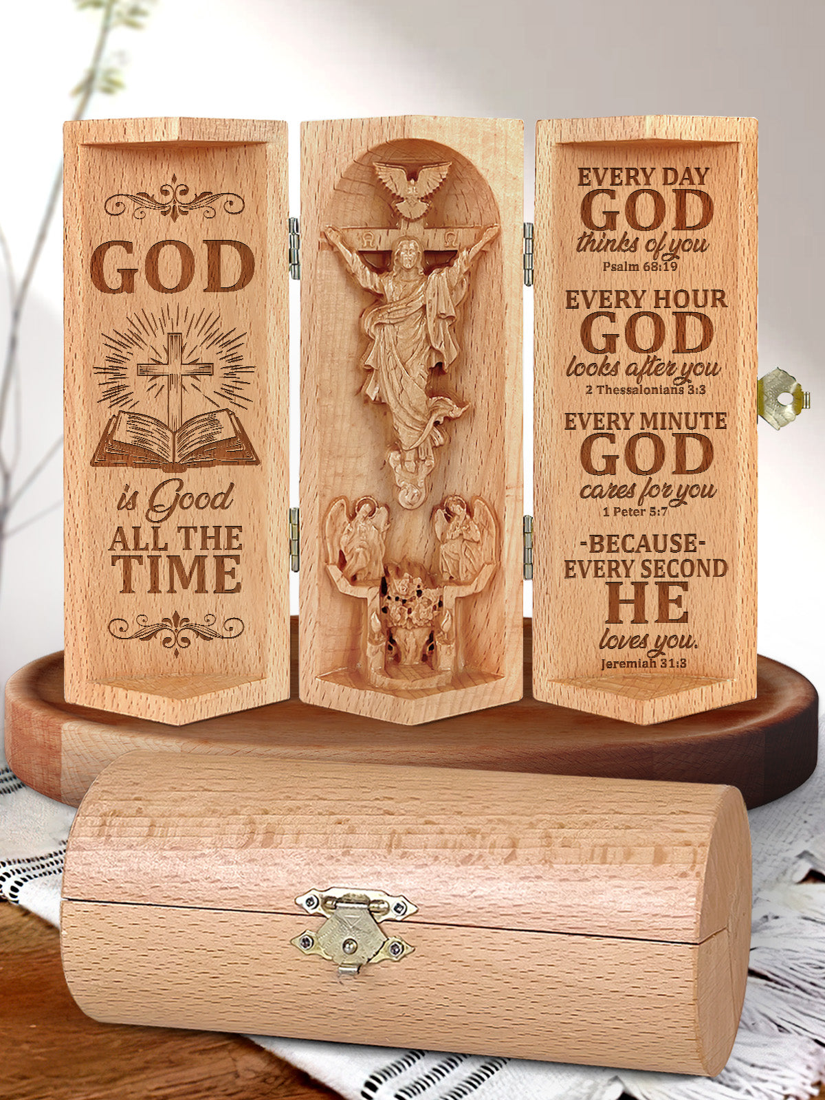 God Is Good All The Time - Openable Wooden Cylinder Sculpture of Jesus Christ FCWJCLETN1895TA