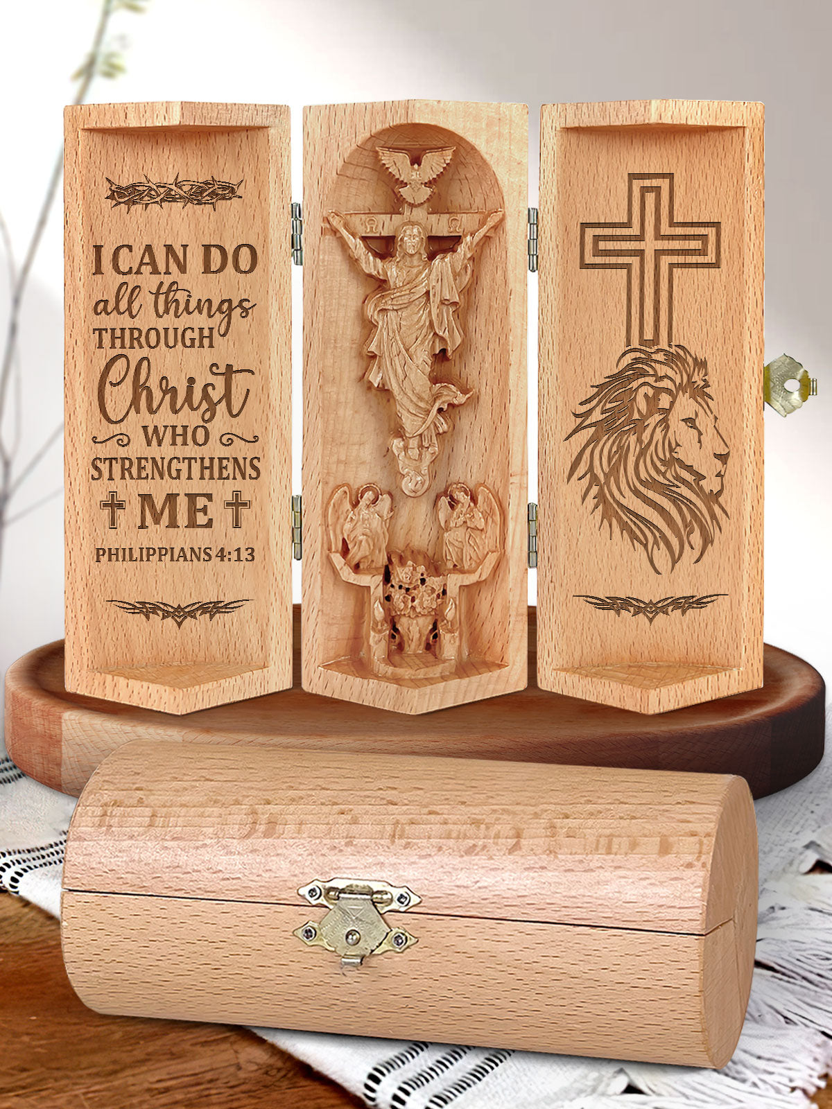 Philippians 4:13 - Openable Wooden Cylinder Sculpture of Jesus Christ