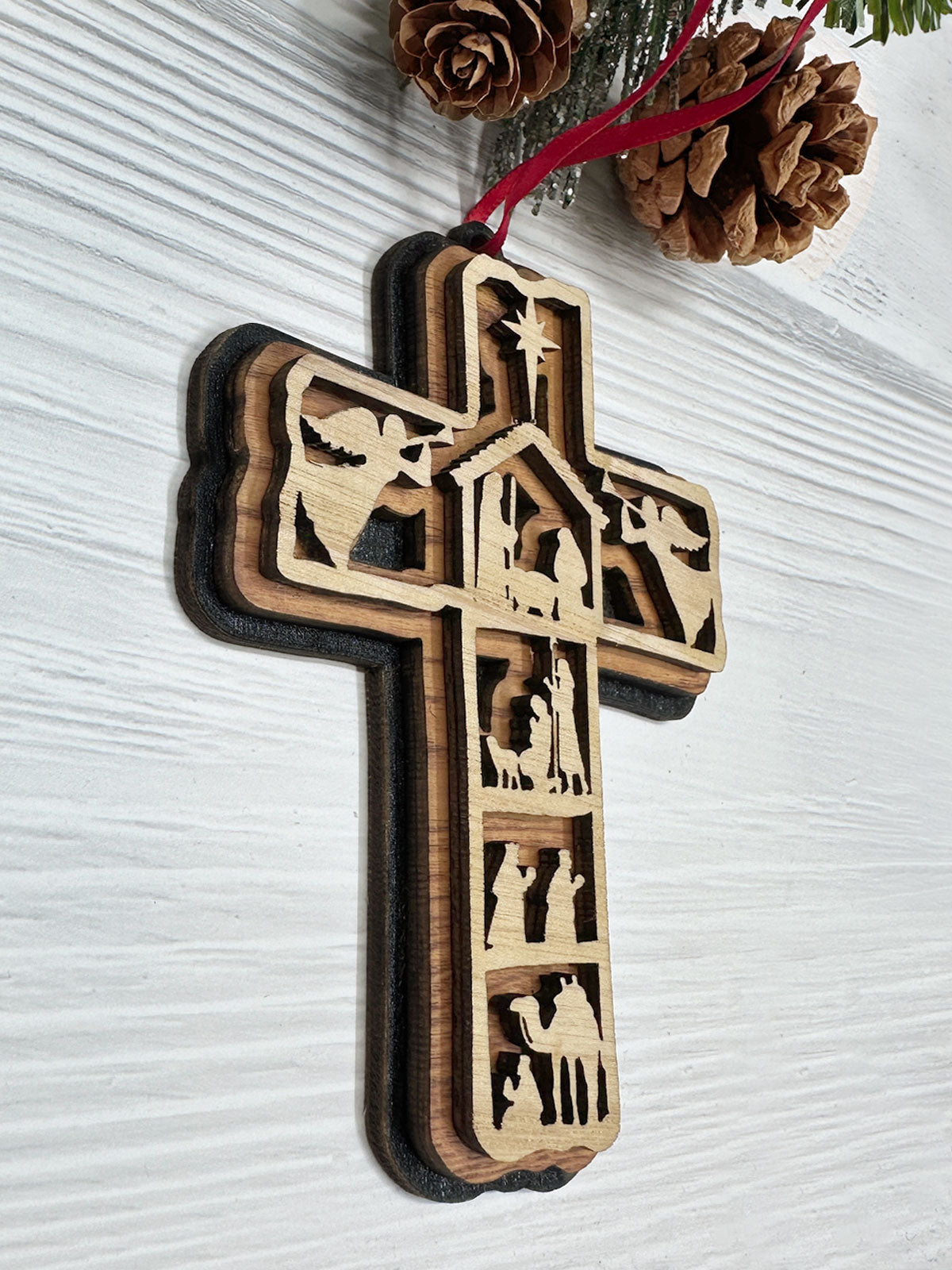 Nativity Scene 3-Layered Cross Wood Ornament