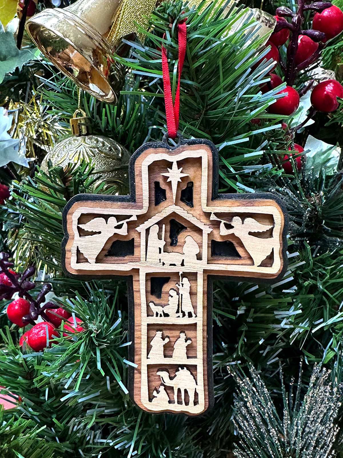 Nativity Scene 3-Layered Cross Wood Ornament