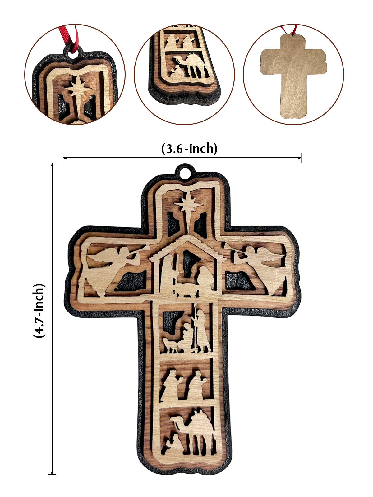 Nativity Scene 3-Layered Cross Wood Ornament