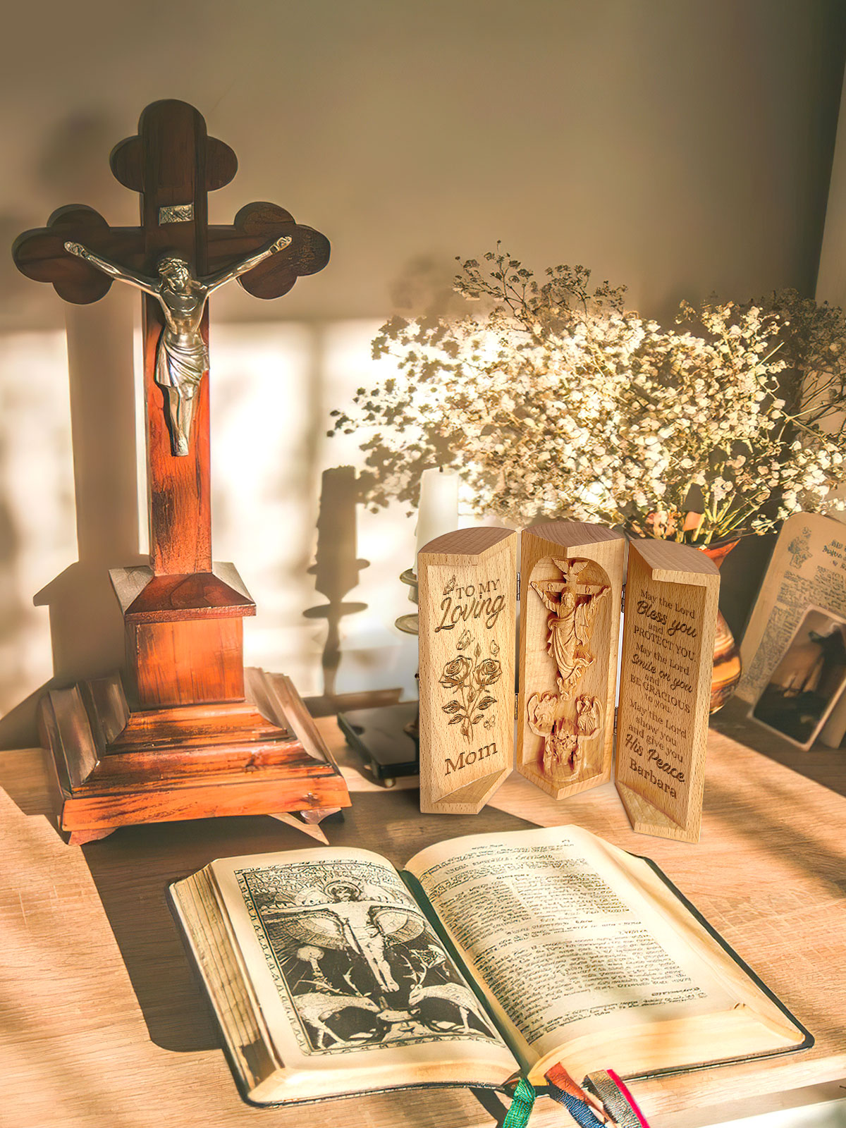 To My Loving Mom - Personalized Openable Wooden Cylinder Sculpture of Jesus Christ HN20