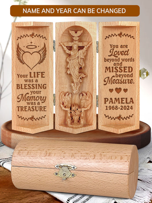 Your Life Was A Blessing - Memorial Wooden Cylinder Sculpture of Jesus Christ M19