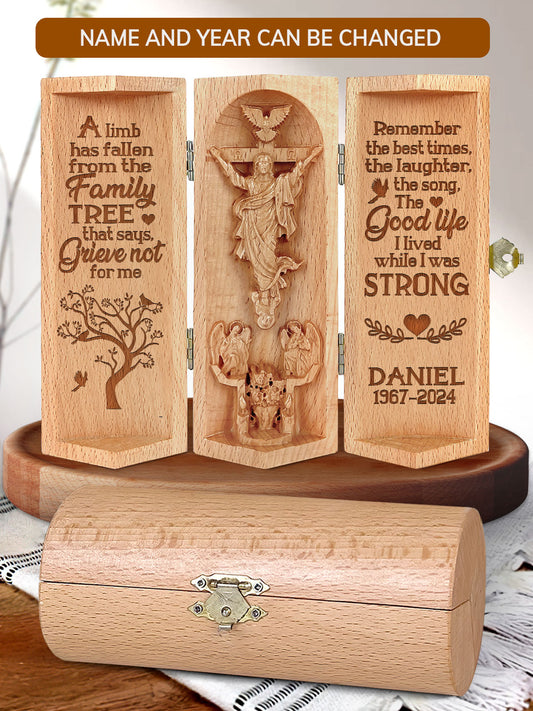 A Limb Has Fallen From The Family Tree - Memorial Wooden Cylinder Sculpture of Jesus Christ M22