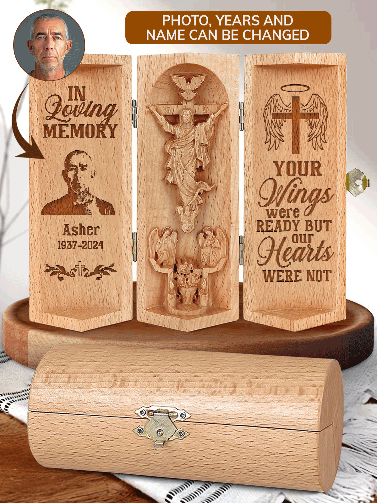 Your Wings Were Ready But My Heart Was Not - Personalized Openable Wooden Cylinder Sculpture of Jesus Christ CVSM35