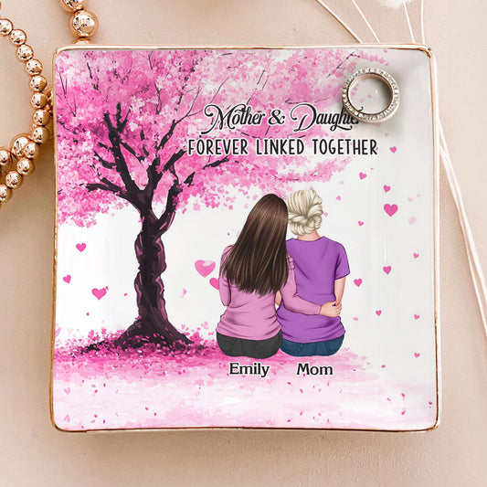 Mother And Daughters Forever Linked - Personalized Ceramic Ring Dish Square