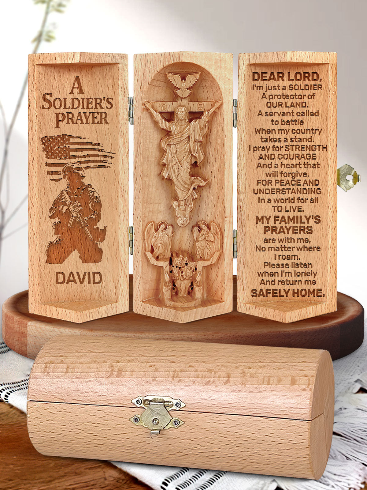 A Soldier's Prayer - Personalized Openable Wooden Cylinder Sculpture of Jesus Christ CVSH08