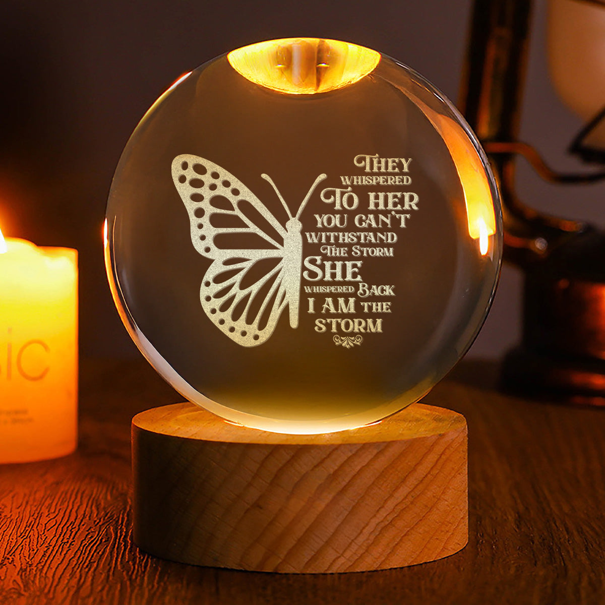 She Is The Storm - Wooden Base Crystal Lamp