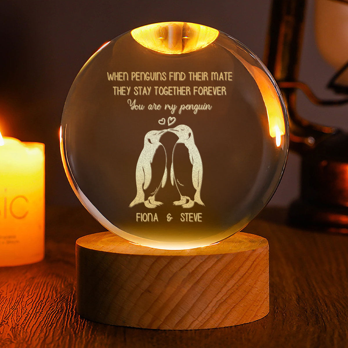 When Penguins Find Their Mate - Personalized Wooden Base Crystal Lamp