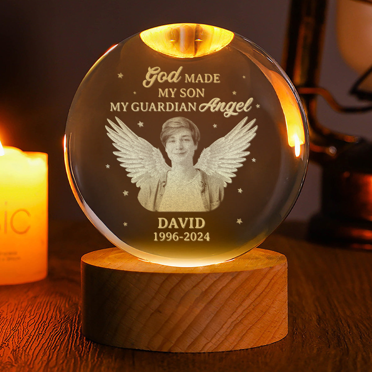 God Made My Son My Guardian Angel - Personalized Wooden Base Crystal Lamp