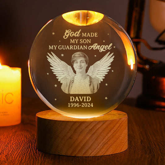 God Made My Son My Guardian Angel - Personalized Wooden Base Crystal Lamp