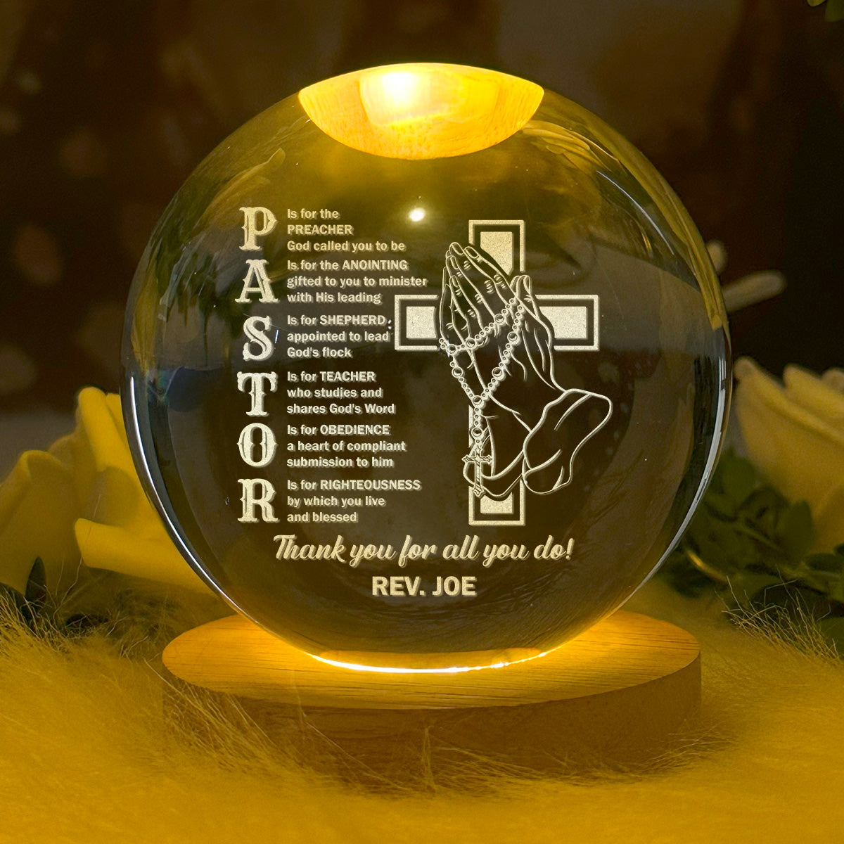 Pastor Appreciation - Personalized Wooden Base Crystal Lamp