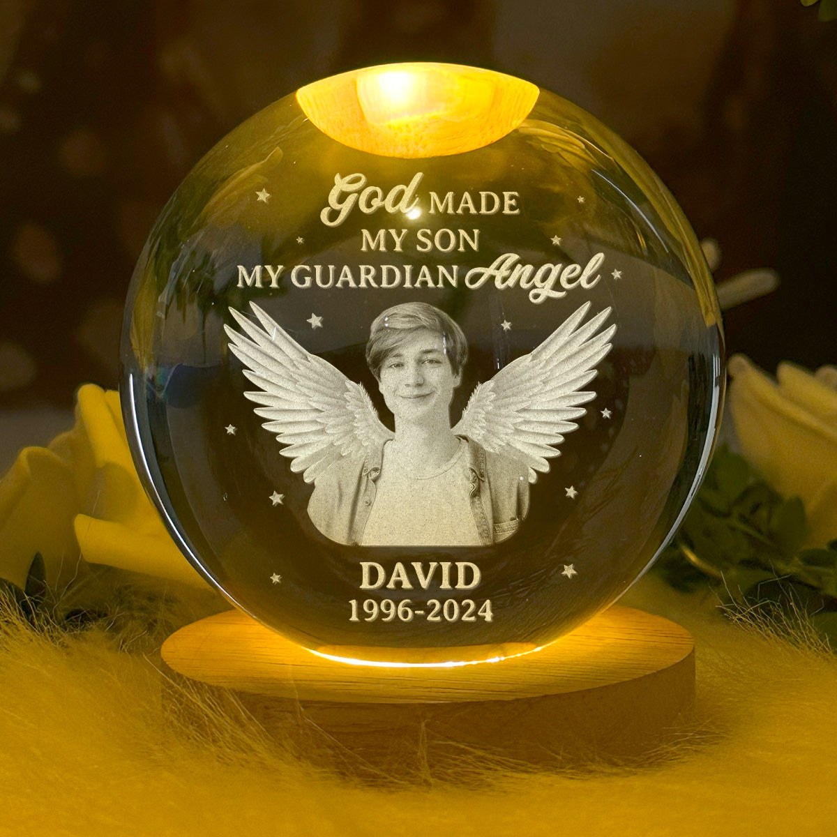 God Made My Son My Guardian Angel - Personalized Wooden Base Crystal Lamp