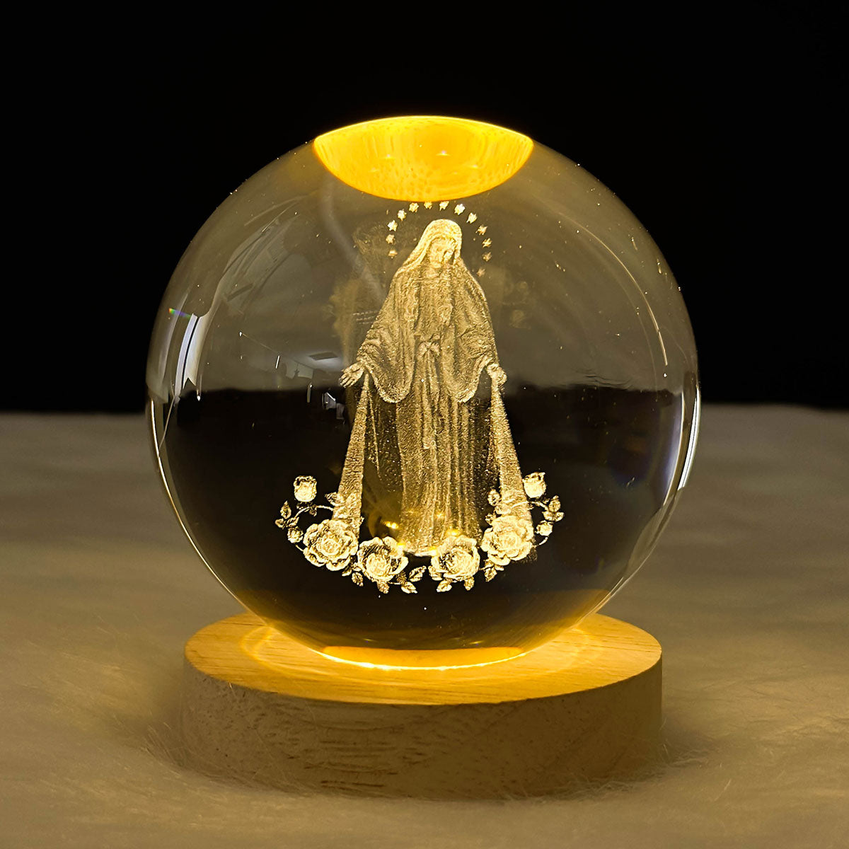 3D The Virgin Mary Wooden Light Base Crystal Globe