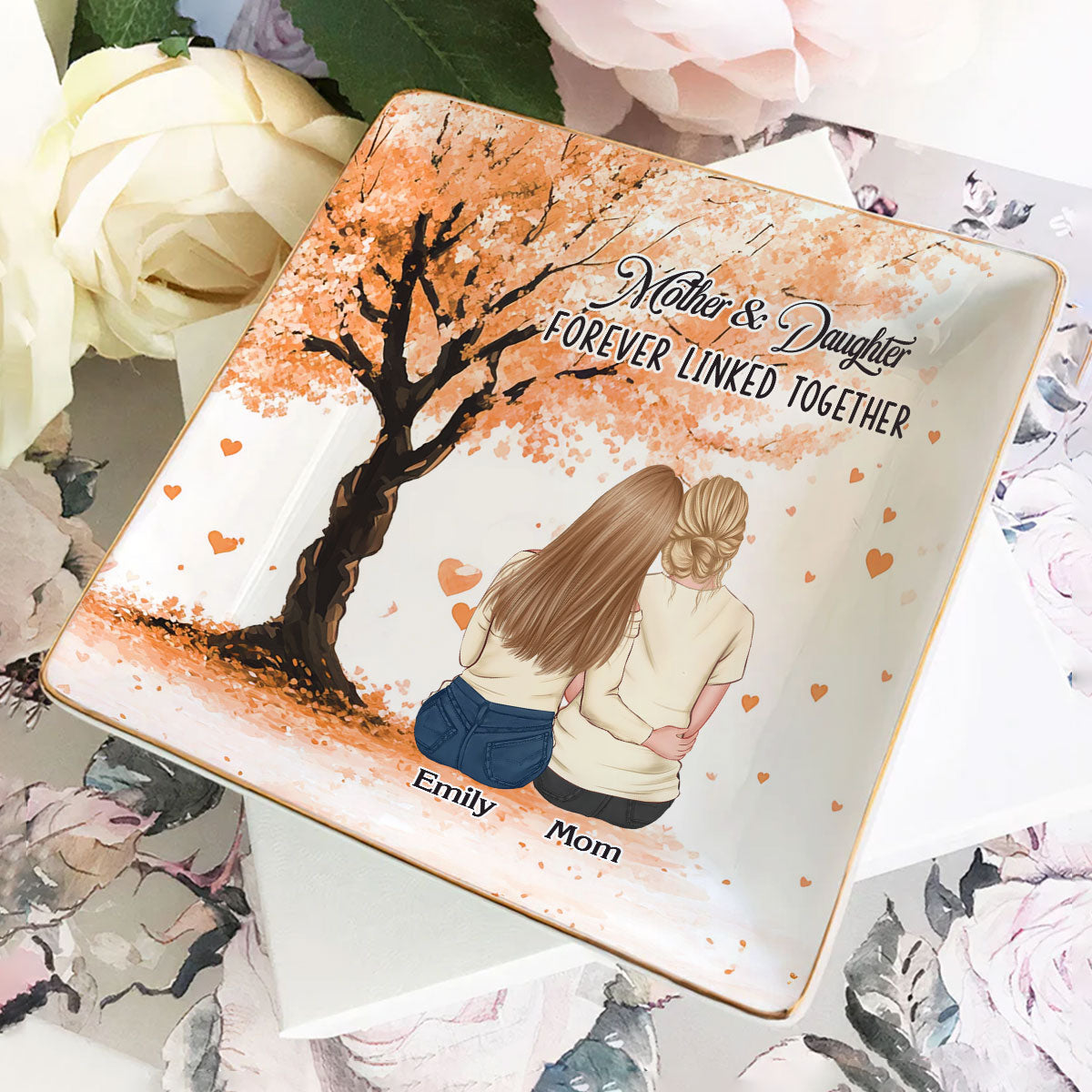 Mother And Daughters Forever Linked - Personalized Ceramic Ring Dish Square