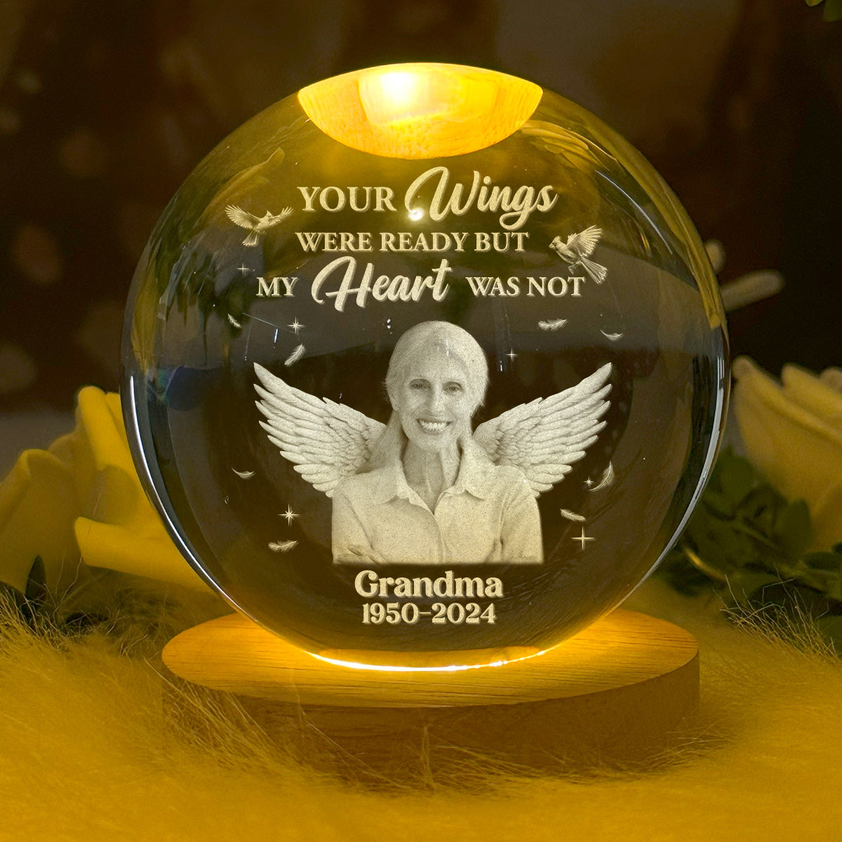 Your Wings Were Ready But My Heart Was Not - Personalized Wooden Base Crystal Lamp