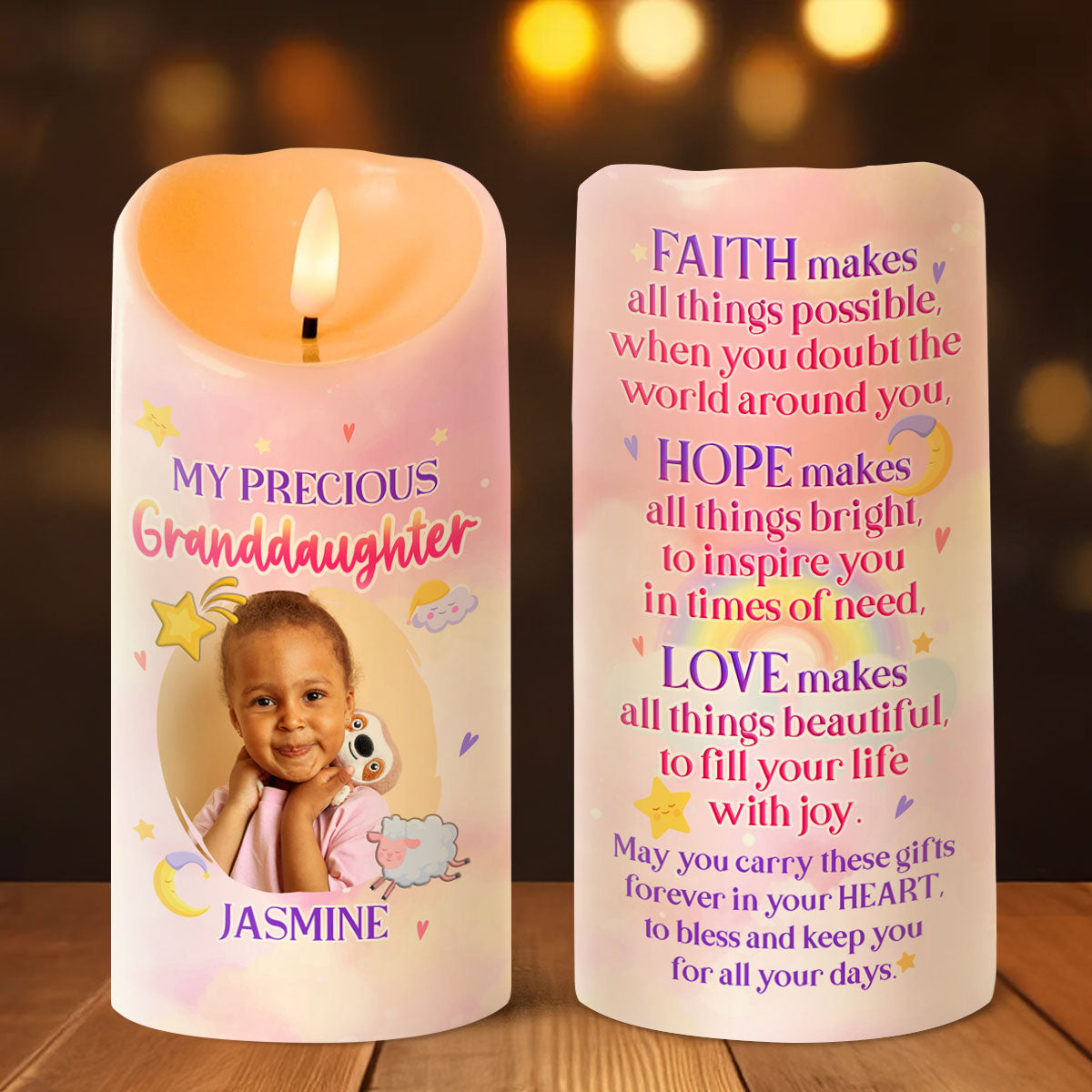My Precious Granddaughter Faith Hope Love - Personalized Flameless LED Candle