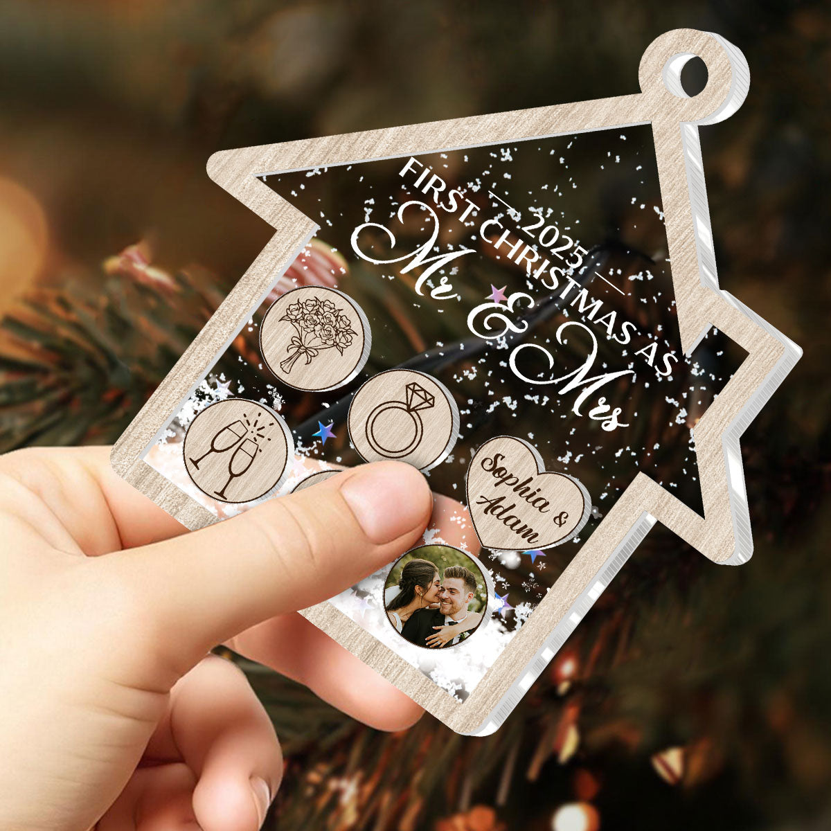 First Christmas As Mr & Mrs For Newly Married Couple - Personalized 3 Layered Christmas Shaker Ornament FCCSOLETN2191L