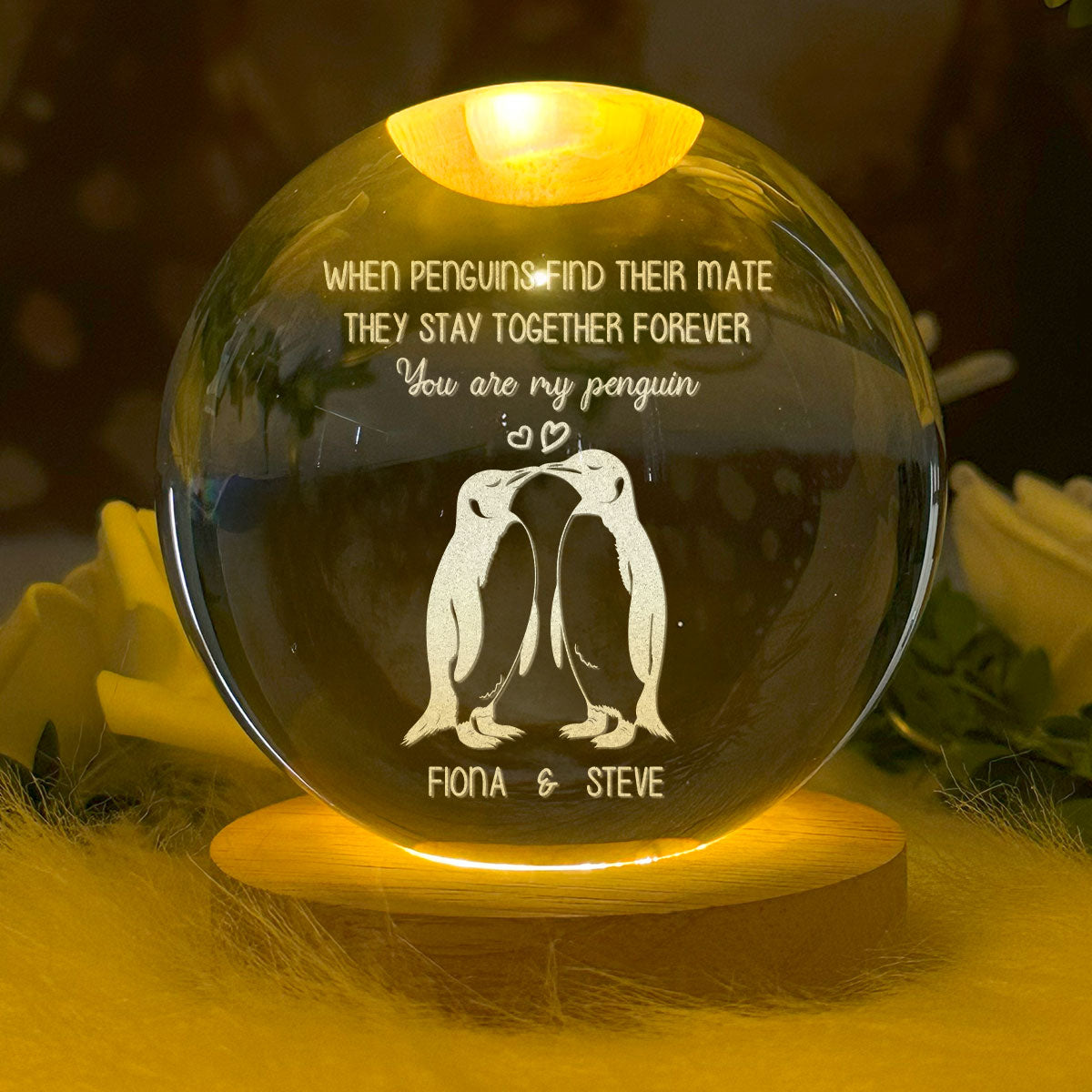 When Penguins Find Their Mate - Personalized Wooden Base Crystal Lamp