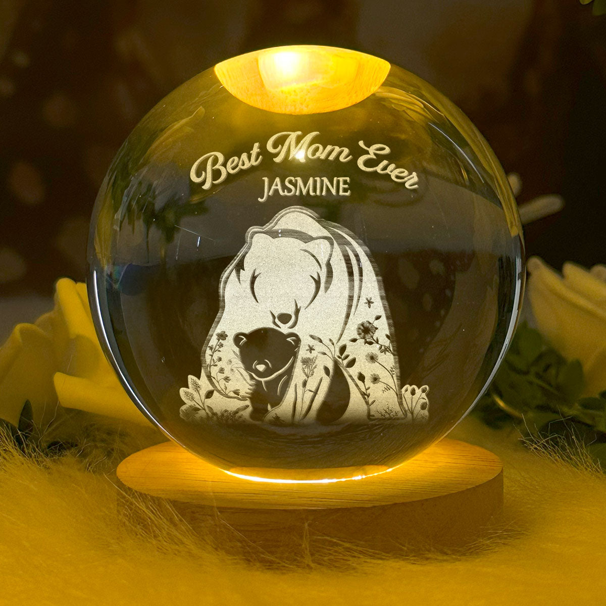 Mama Bear - Personalized Wooden Base Crystal Lamp