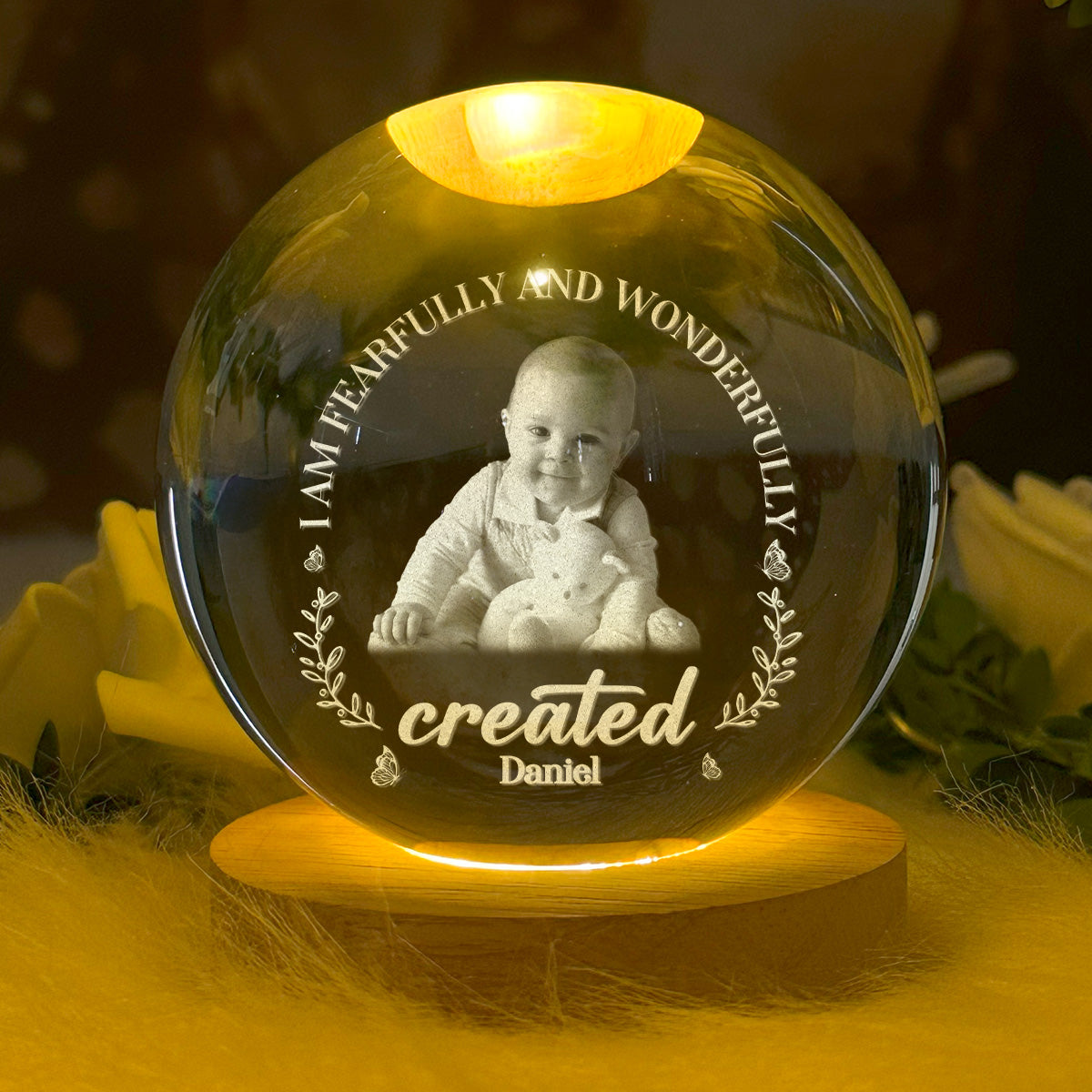 I Am Fearfully And Wonderfully Created - Personalized Wooden Base Crystal Lamp
