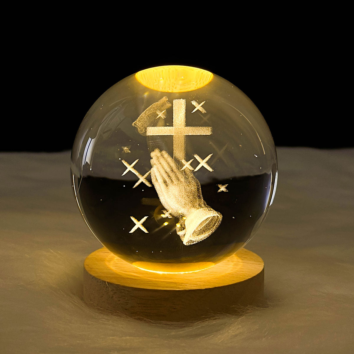 3D Praying Hands Wooden Light Base Crystal Globe
