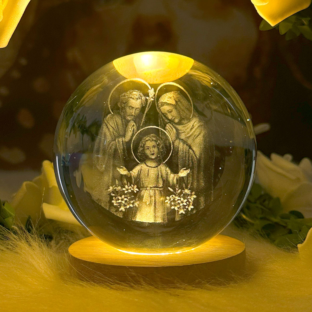 3D Catholic Holy Family Wooden Light Base Crystal Globe