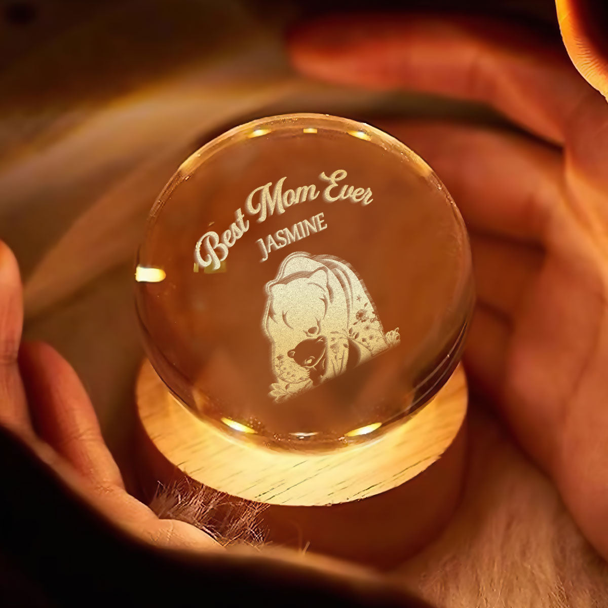 Mama Bear - Personalized Wooden Base Crystal Lamp