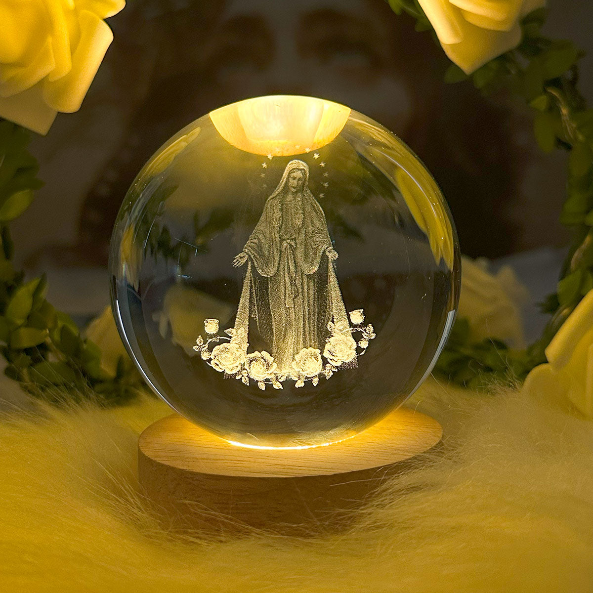 3D The Virgin Mary Wooden Light Base Crystal Globe
