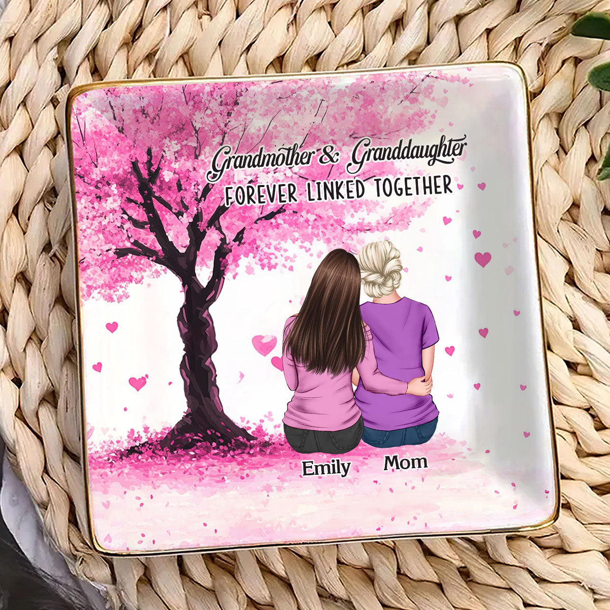 Mother And Daughters Forever Linked - Personalized Ceramic Ring Dish Square