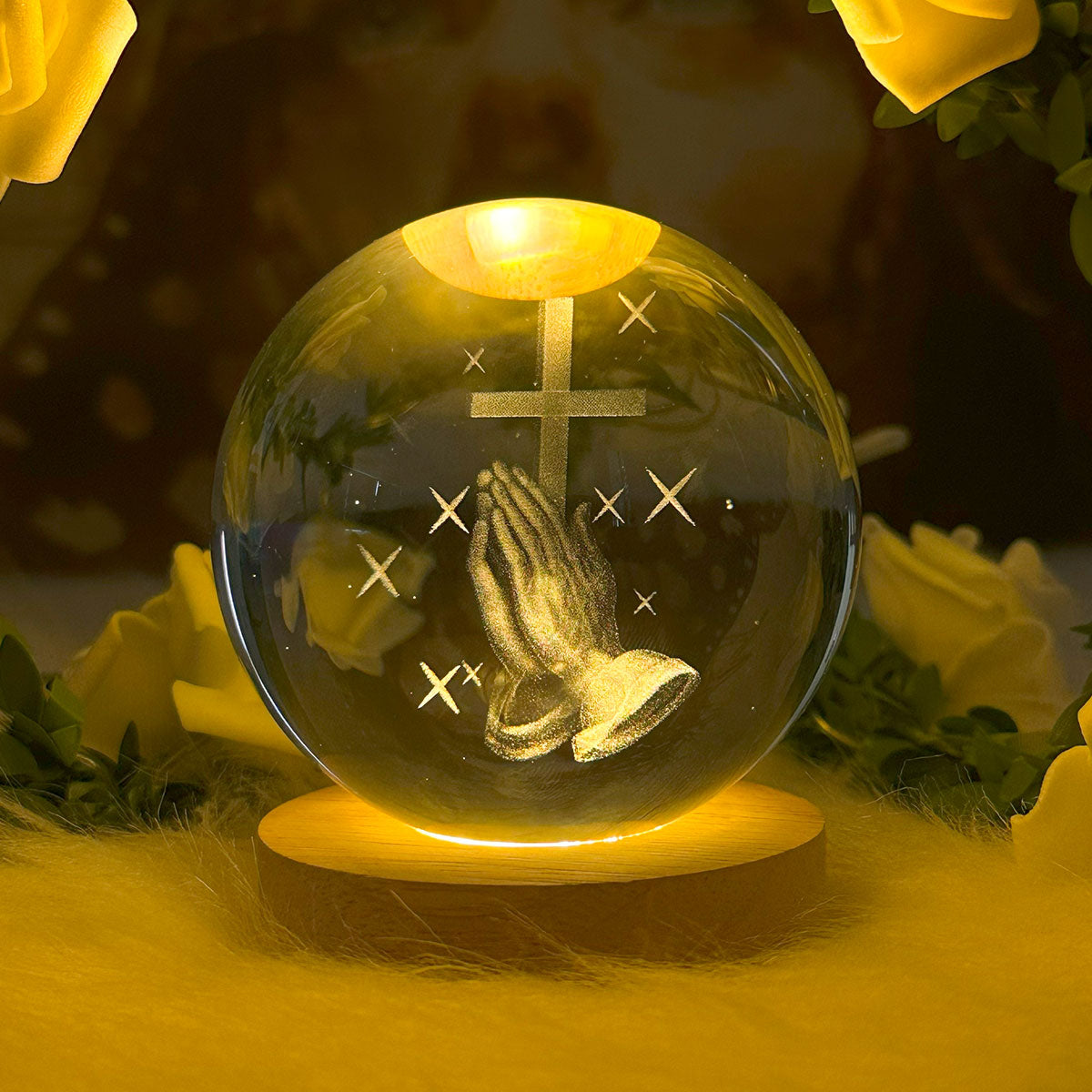 3D Praying Hands Wooden Light Base Crystal Globe