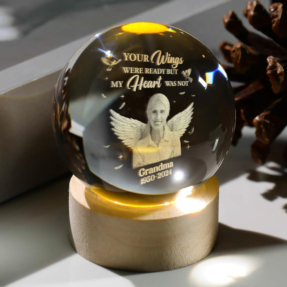 Your Wings Were Ready But My Heart Was Not - Personalized Wooden Base Crystal Lamp