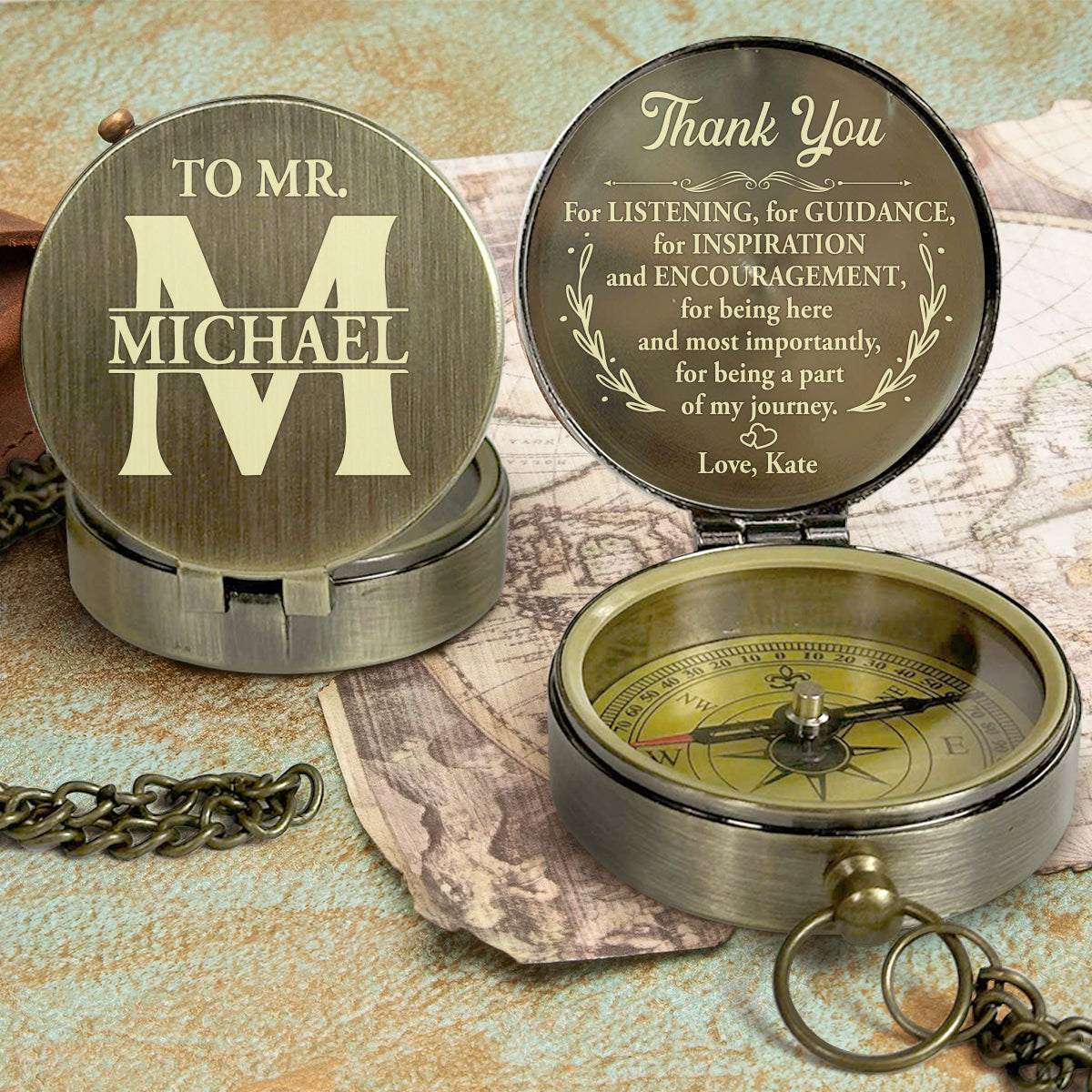 Thank You Teacher Heart Keepsake - Personalized Compass