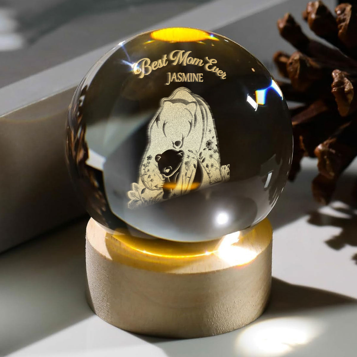 Mama Bear - Personalized Wooden Base Crystal Lamp