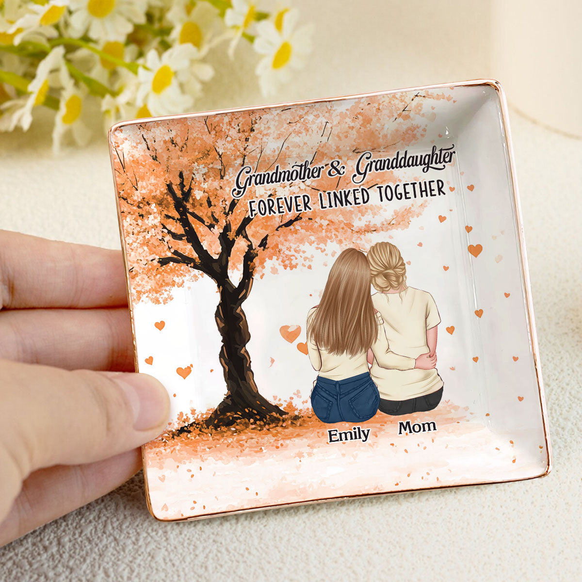 Mother And Daughters Forever Linked - Personalized Ceramic Ring Dish Square