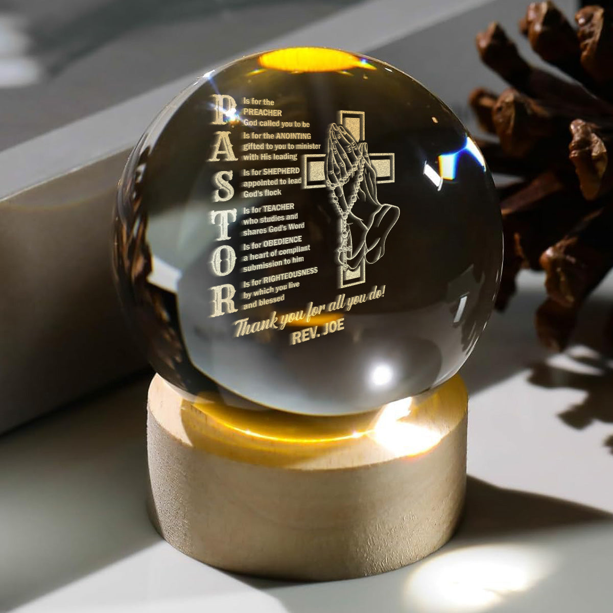 Pastor Appreciation - Personalized Wooden Base Crystal Lamp