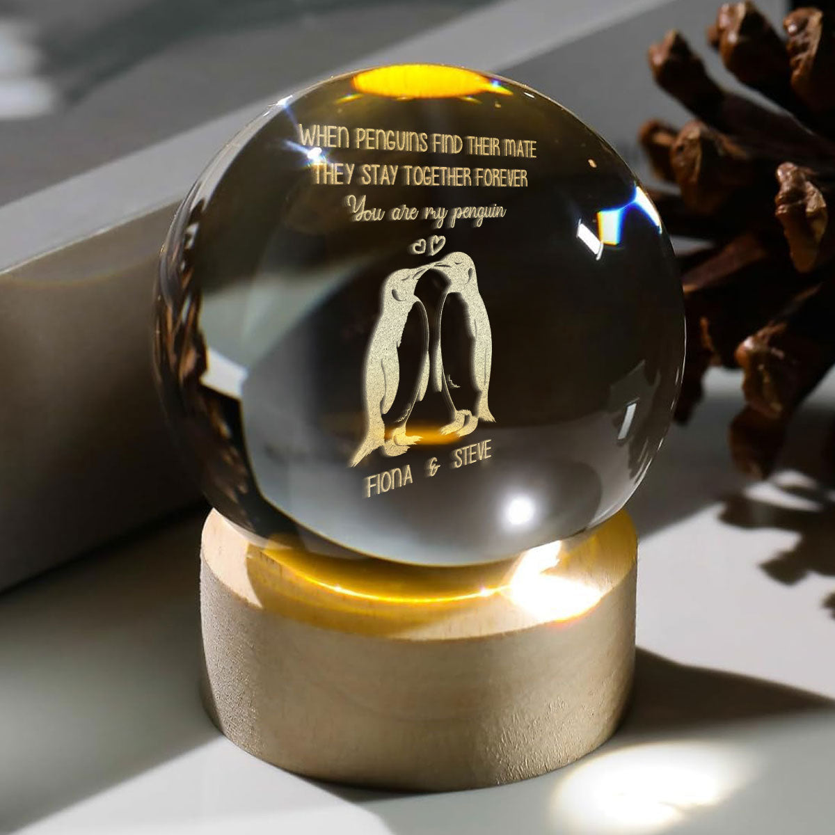 When Penguins Find Their Mate - Personalized Wooden Base Crystal Lamp