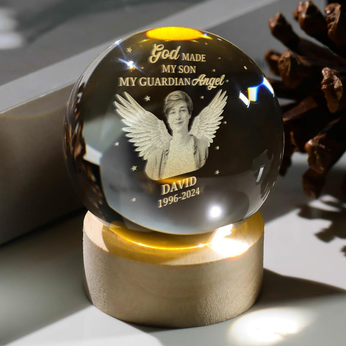 God Made My Son My Guardian Angel - Personalized Wooden Base Crystal Lamp