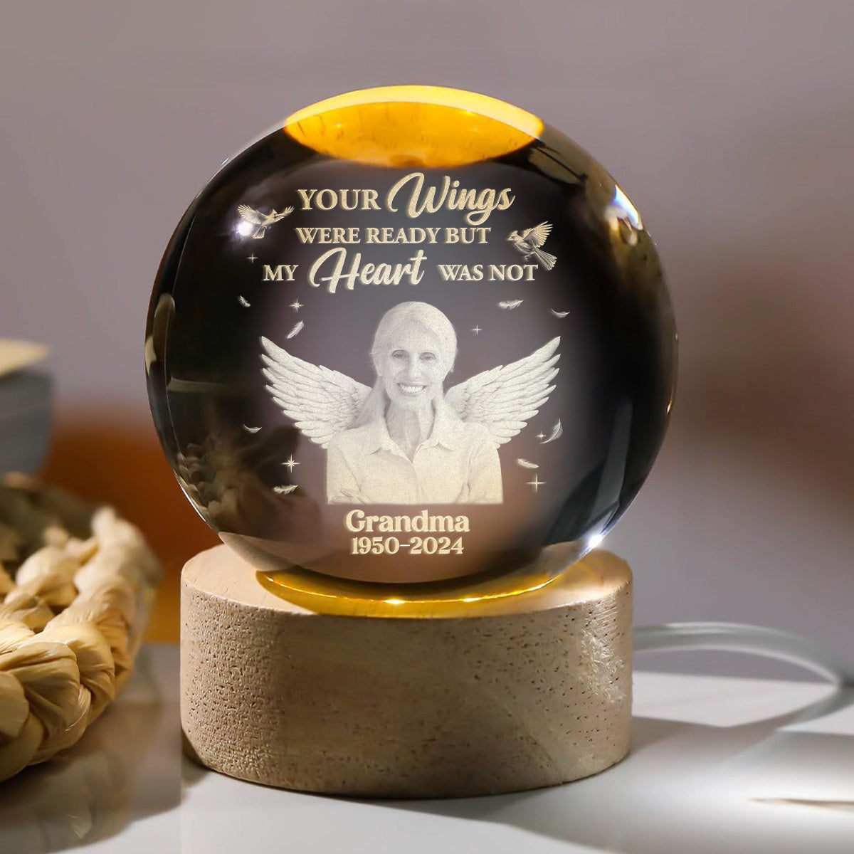 Your Wings Were Ready But My Heart Was Not - Personalized Wooden Base Crystal Lamp