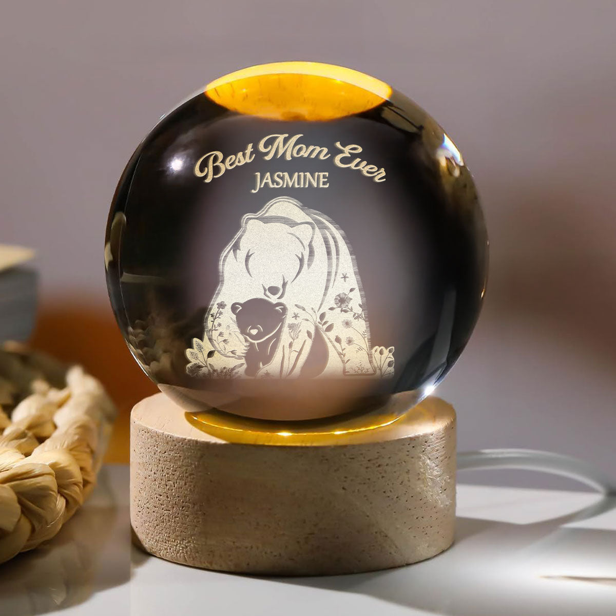 Mama Bear - Personalized Wooden Base Crystal Lamp