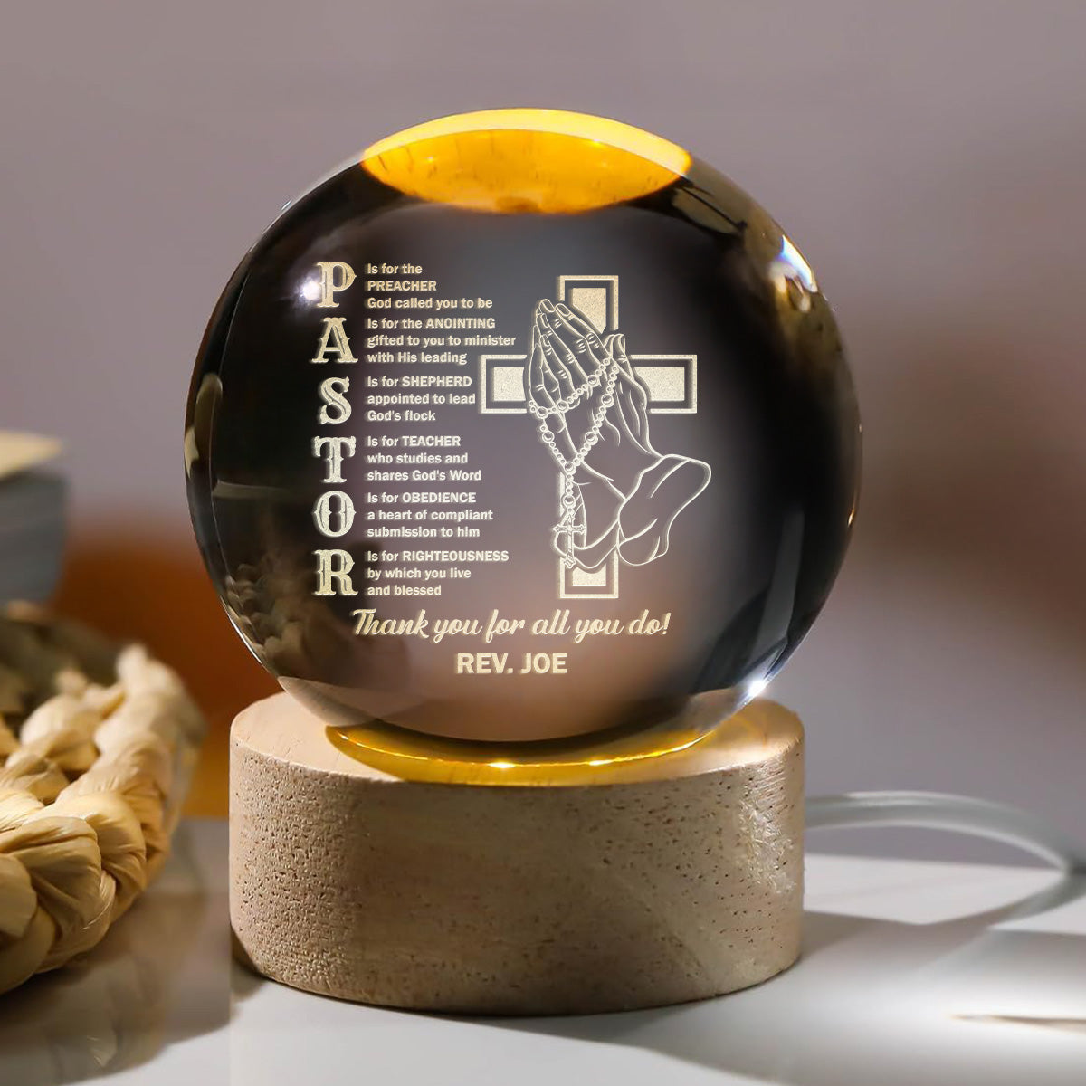 Pastor Appreciation - Personalized Wooden Base Crystal Lamp