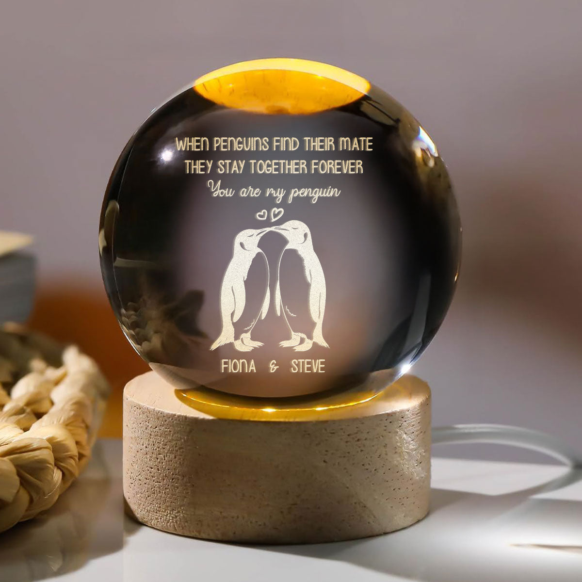 When Penguins Find Their Mate - Personalized Wooden Base Crystal Lamp