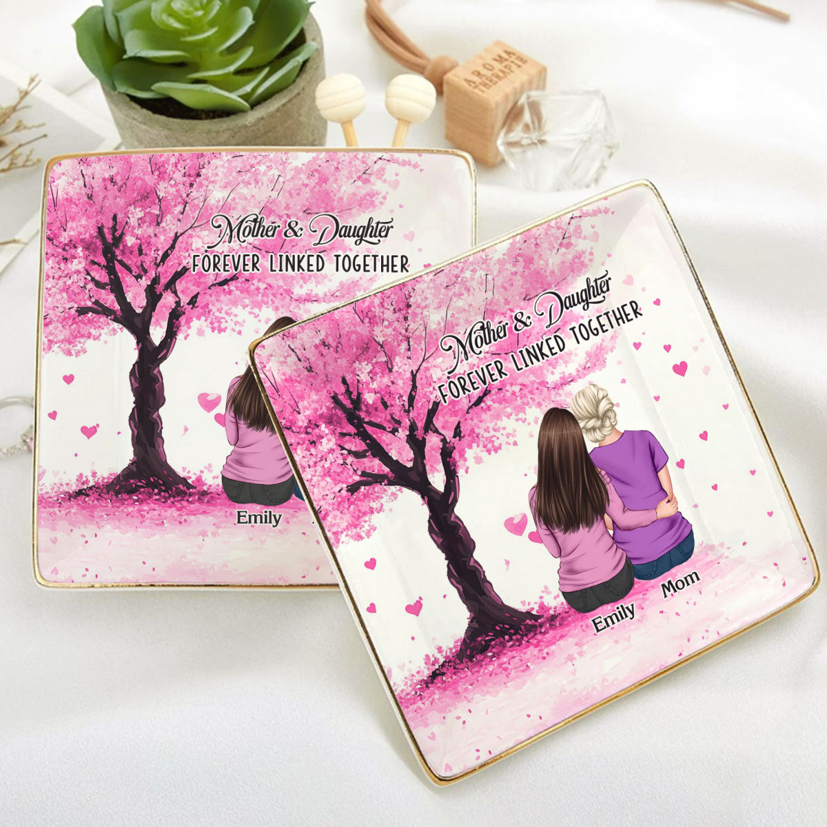 Mother And Daughters Forever Linked - Personalized Ceramic Ring Dish Square