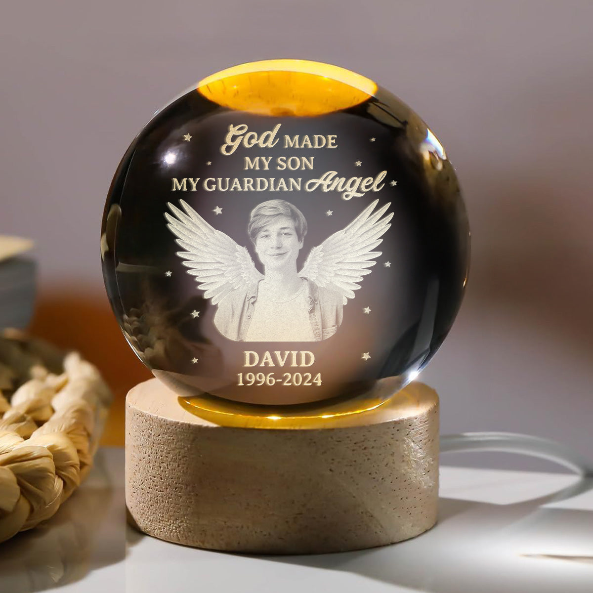 God Made My Son My Guardian Angel - Personalized Wooden Base Crystal Lamp