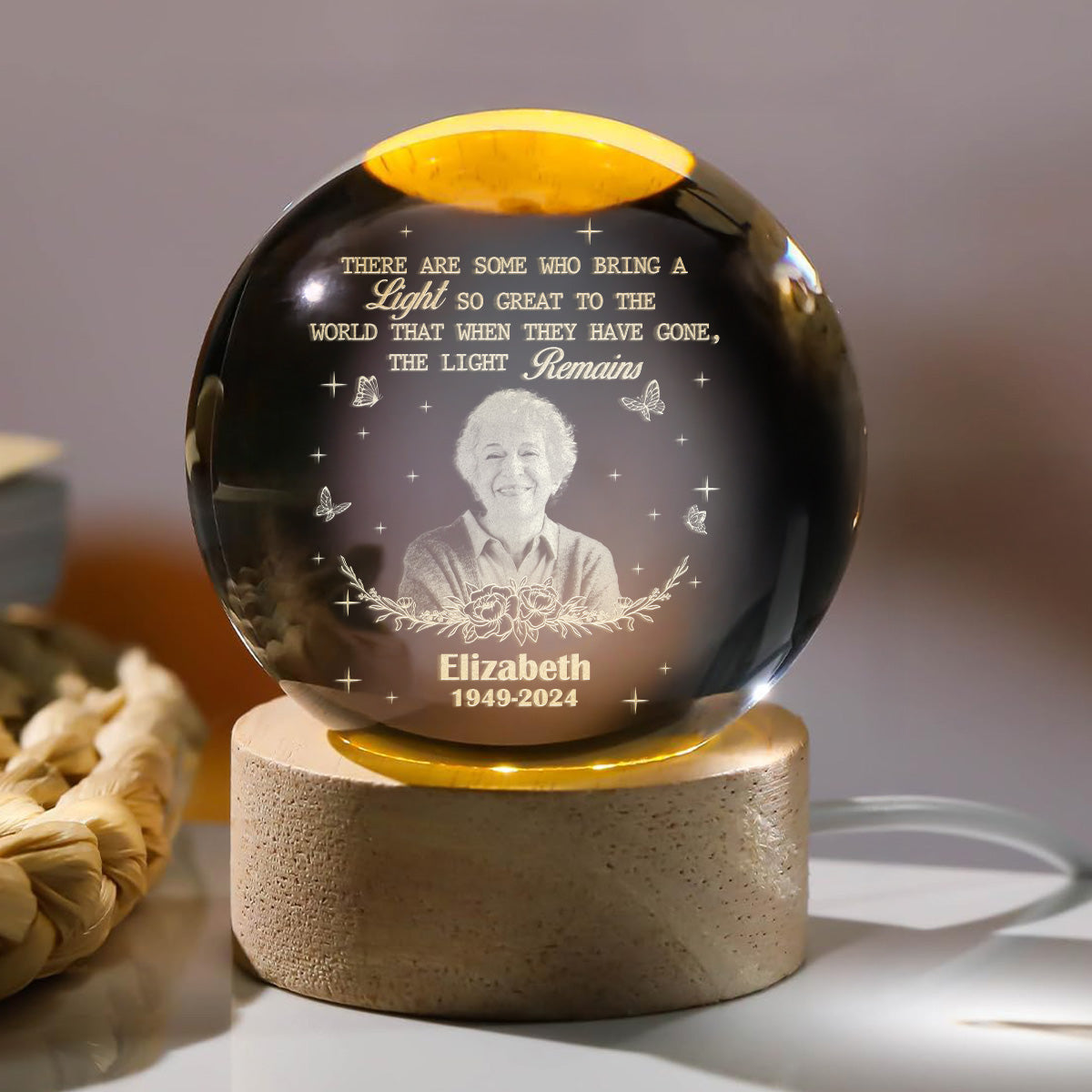 The Light Remains Memorial - Personalized Wooden Base Crystal Lamp