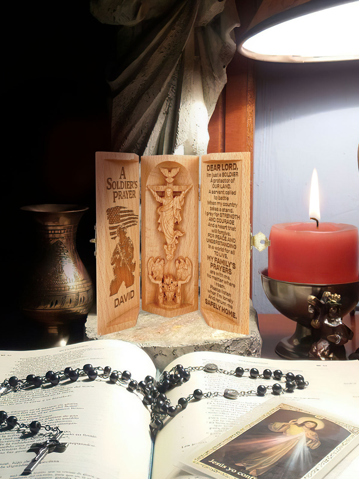A Soldier's Prayer - Personalized Openable Wooden Cylinder Sculpture of Jesus Christ CVSH08