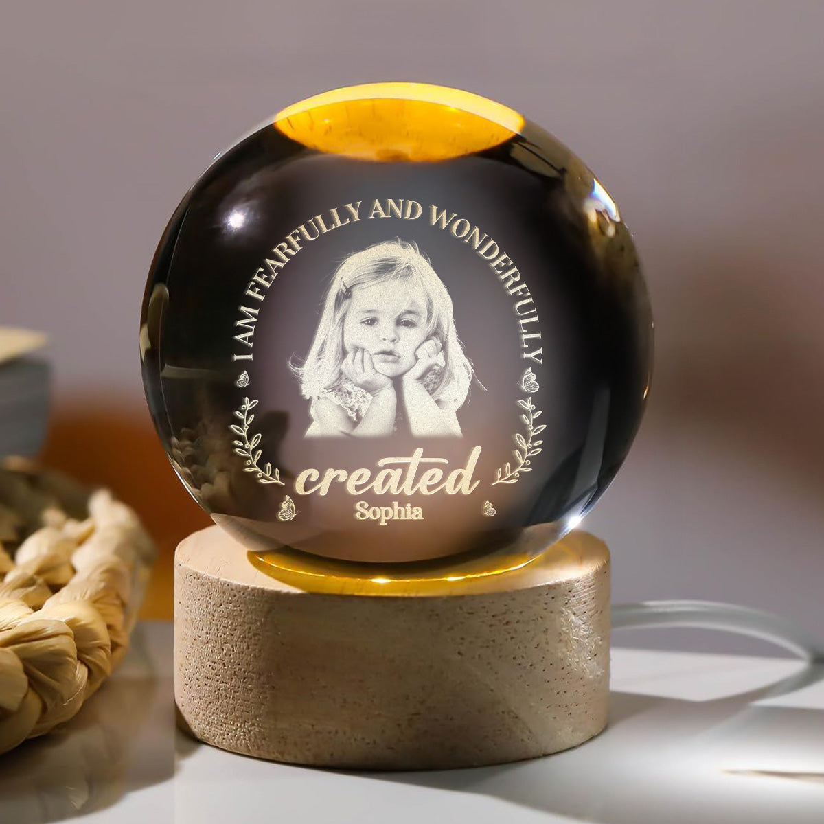 I Am Fearfully And Wonderfully Created - Personalized Wooden Base Crystal Lamp