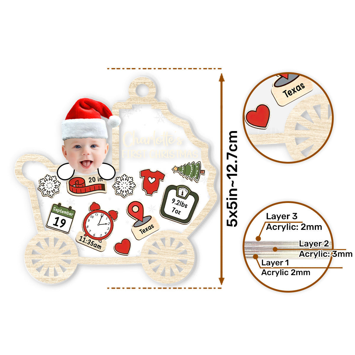 Custom Photo Baby First Christmas - Personalized 3 Layered Christmas Shaker Ornament FCCSOLETN2164M